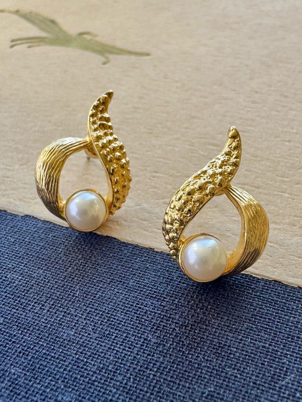 Vintage Gold Tone Faux Pearl Sculptural Textured Pierced Earrings